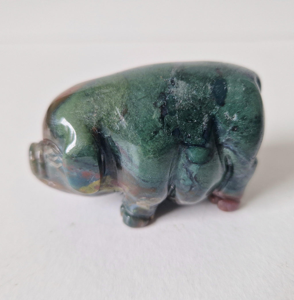 Vintage Fine Carved Moss Agate Standing Pig Figure Ornament 6.3cm