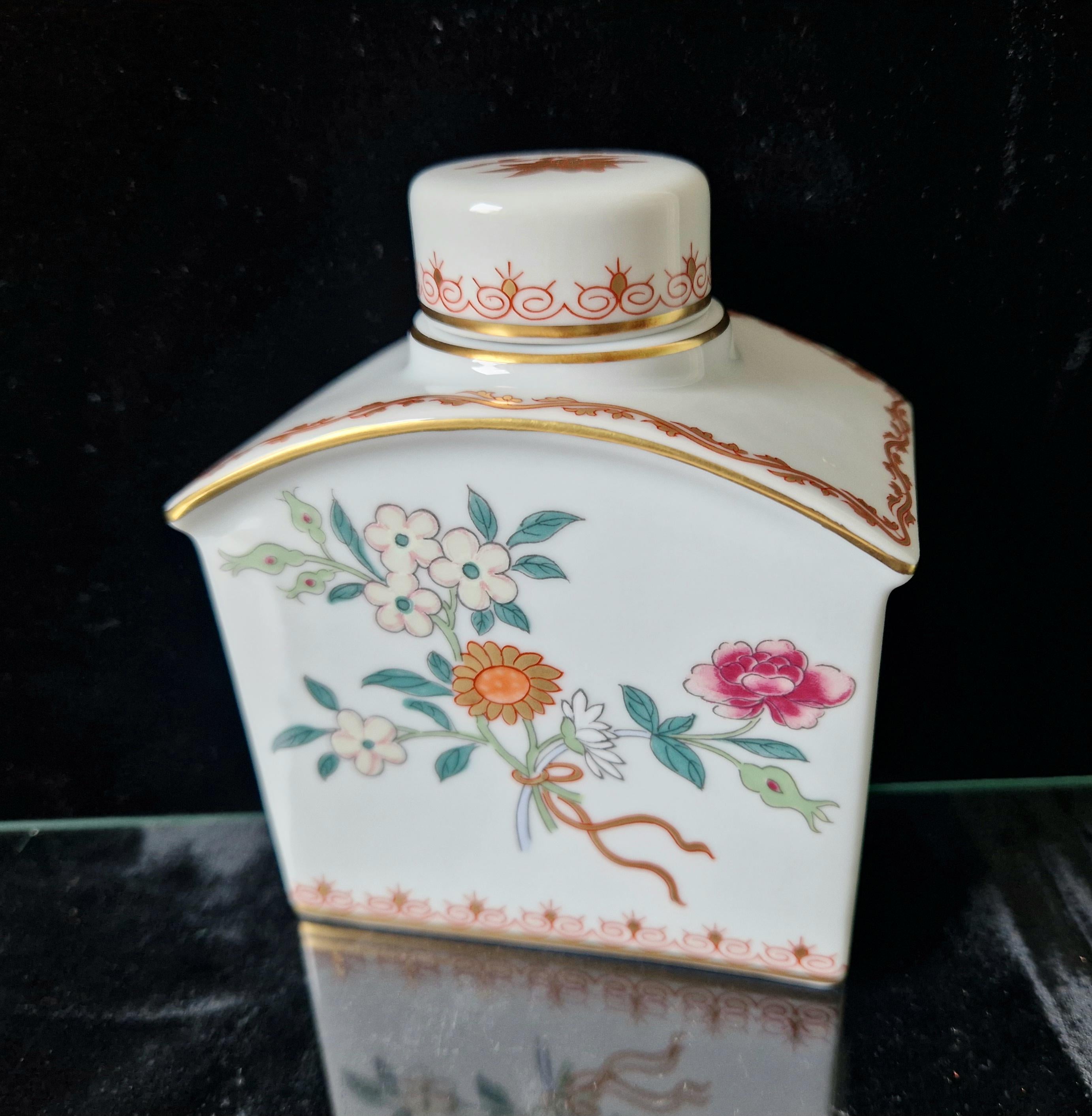 Vintage Vista Alegre Ceramic Tea Caddy Lidded Jar Floral Pattern With Gold Detail