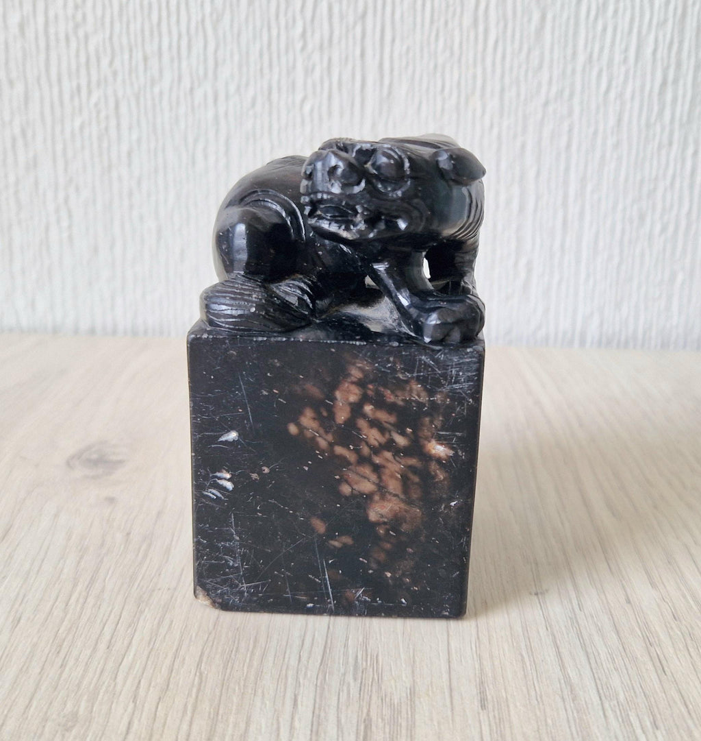 Antique Carved Black Hardstone Foo Dog Chinese Chop Block Seal 8.5cm