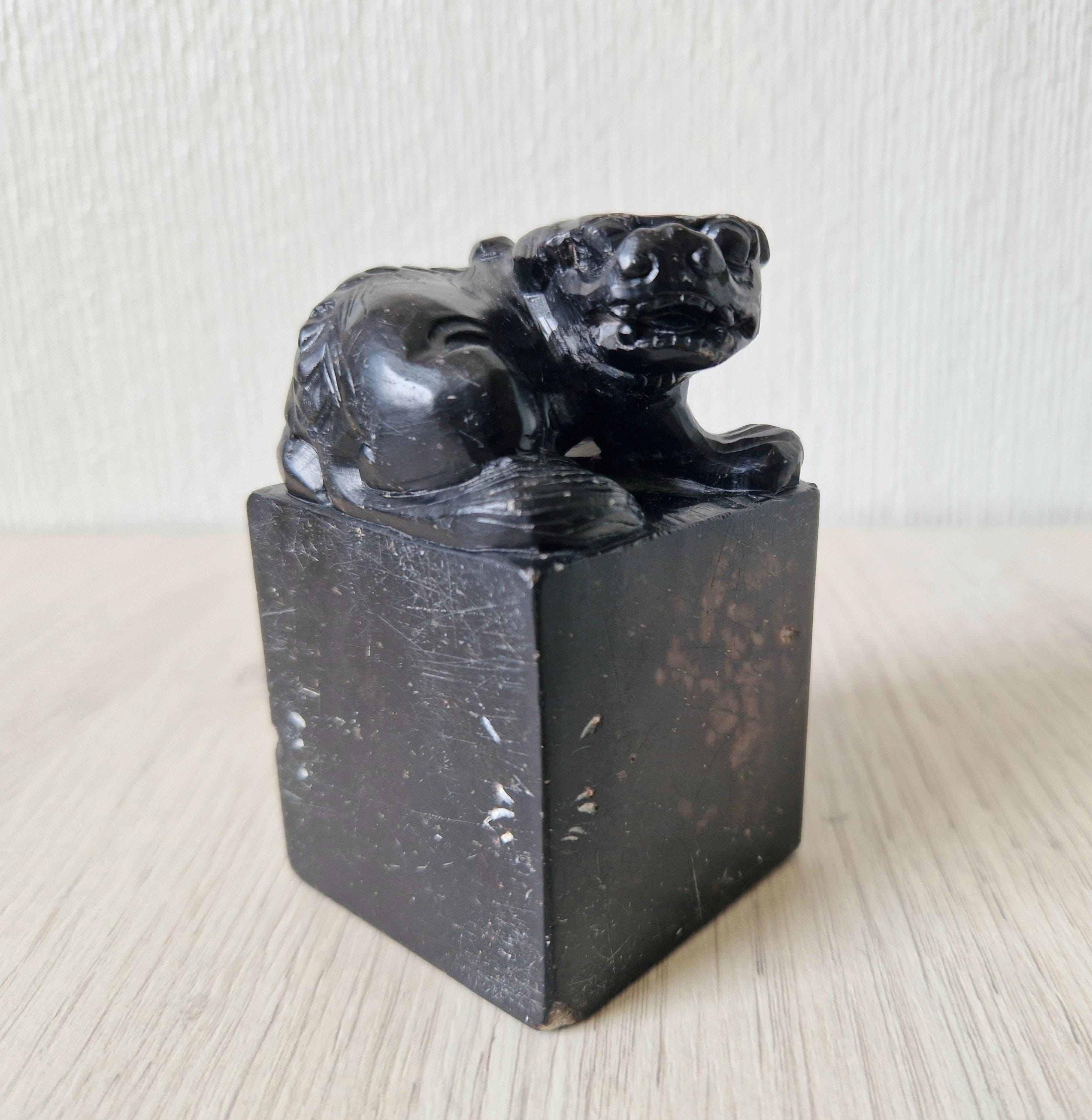 Antique Carved Black Hardstone Foo Dog Chinese Chop Block Seal 8.5cm
