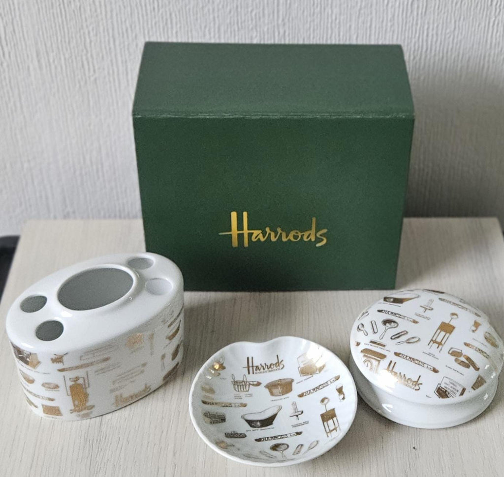 Harrods London Ceramic Bathroom Set Toothbrush Holder, Trinket Dish and Lidded Pot Boxed