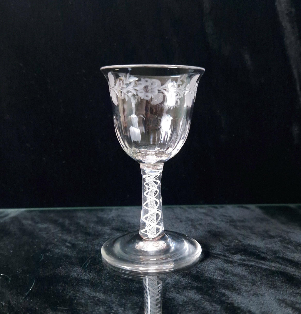 18th Century Jacobite Engraved Flute Moulded Double Series Airtwist Stem Cordial Liquor Glass