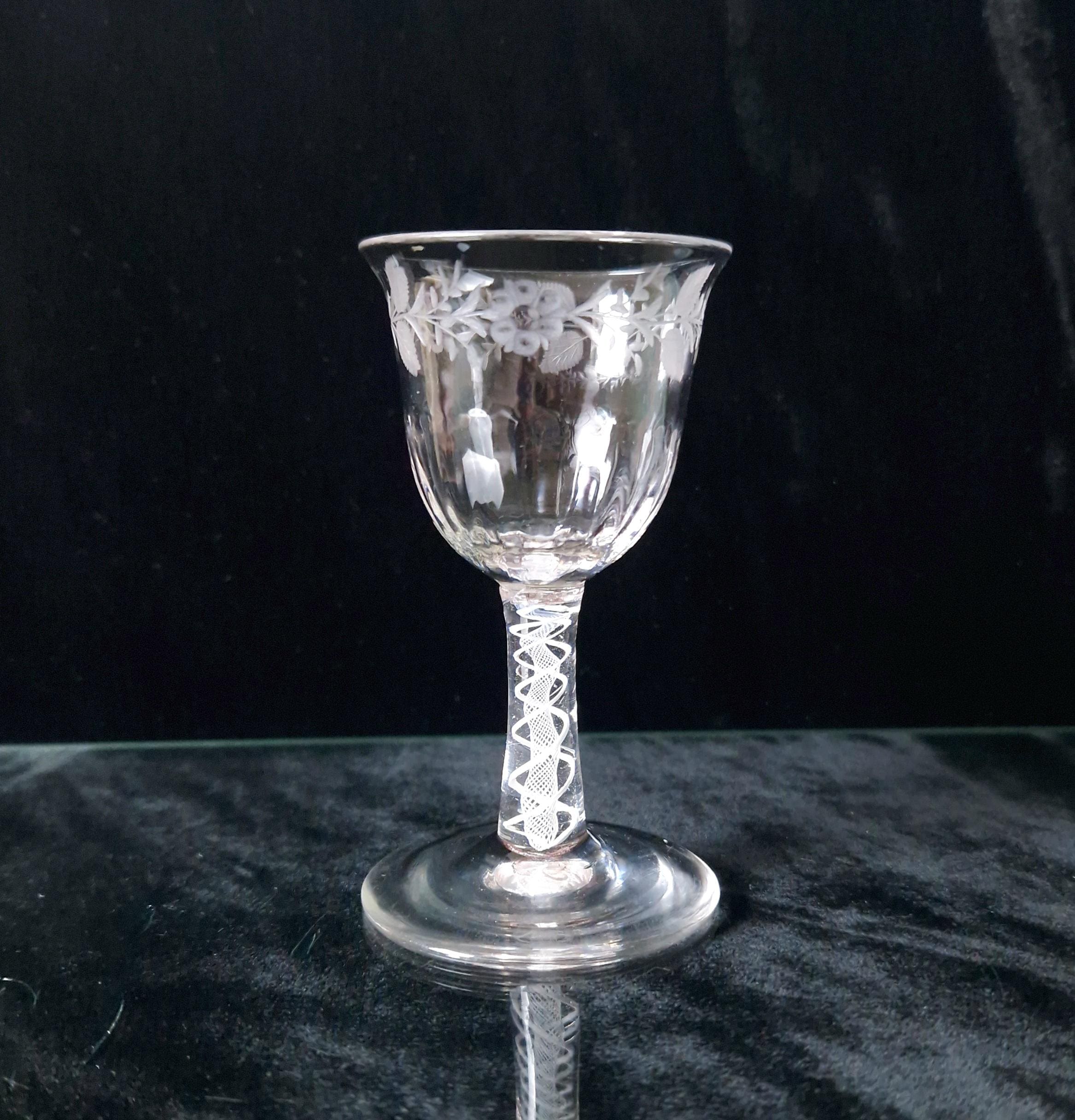 18th Century Jacobite Engraved Flute Moulded Double Series Airtwist Stem Cordial Liquor Glass