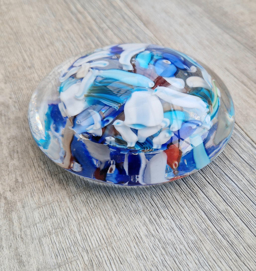 Large Murano Art Glass Stretched Blue Cane Disc Paperweight