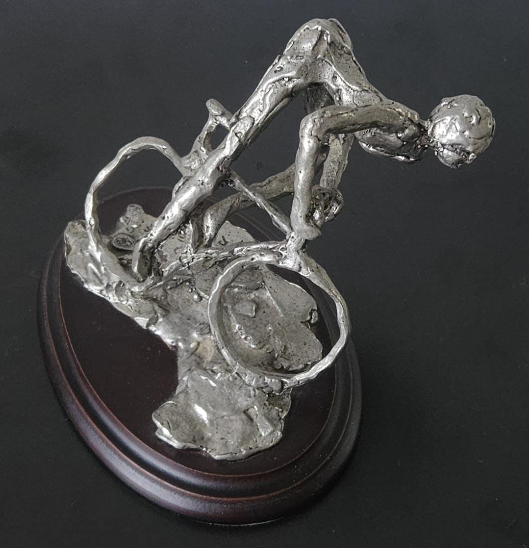 Vintage Pewter Biker Cyclist Sculpture Figure On Plinth Signed Handcrafted 1990s
