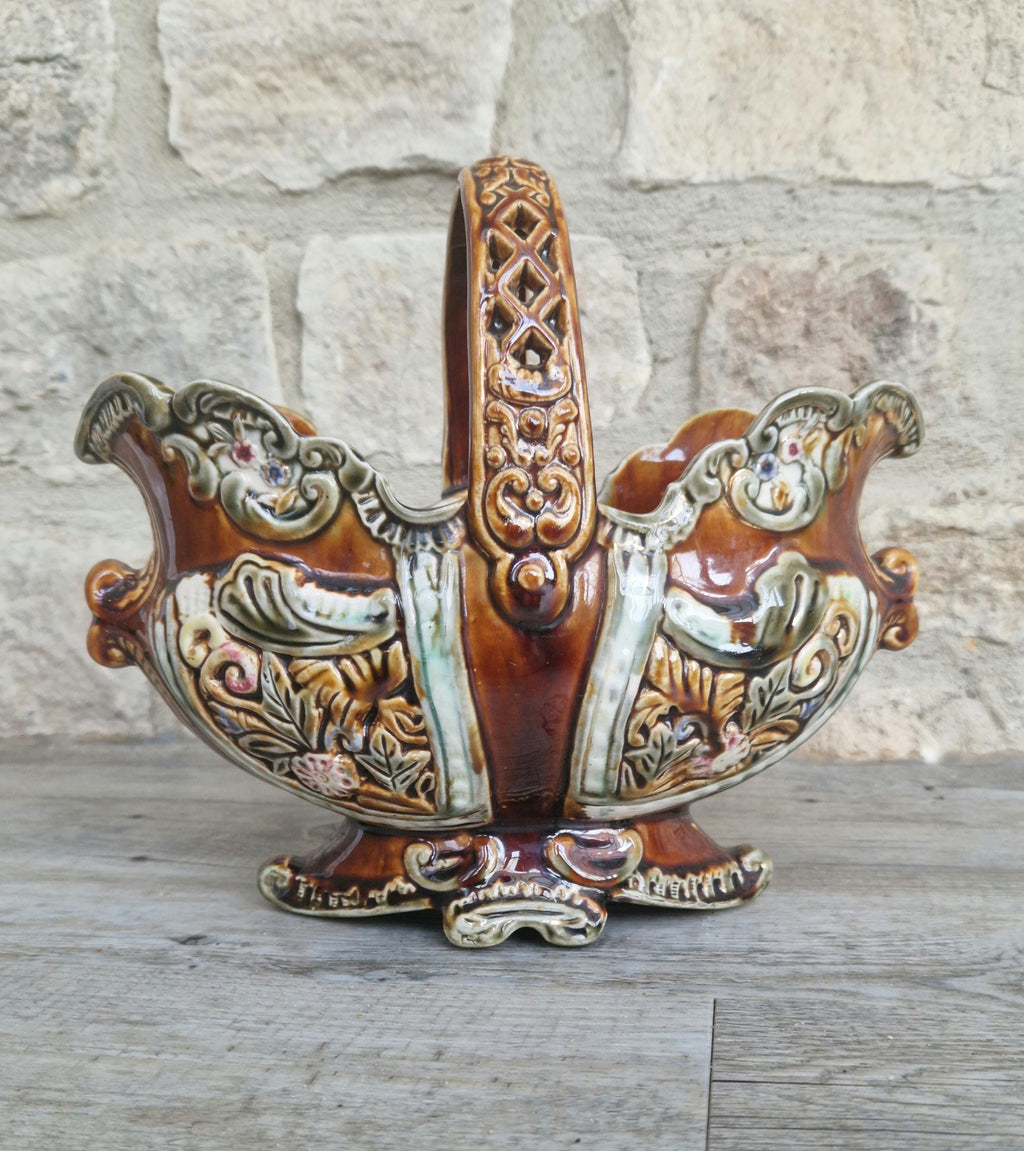 Antique Large Majolica Treacle Glaze Basket Planter Vase