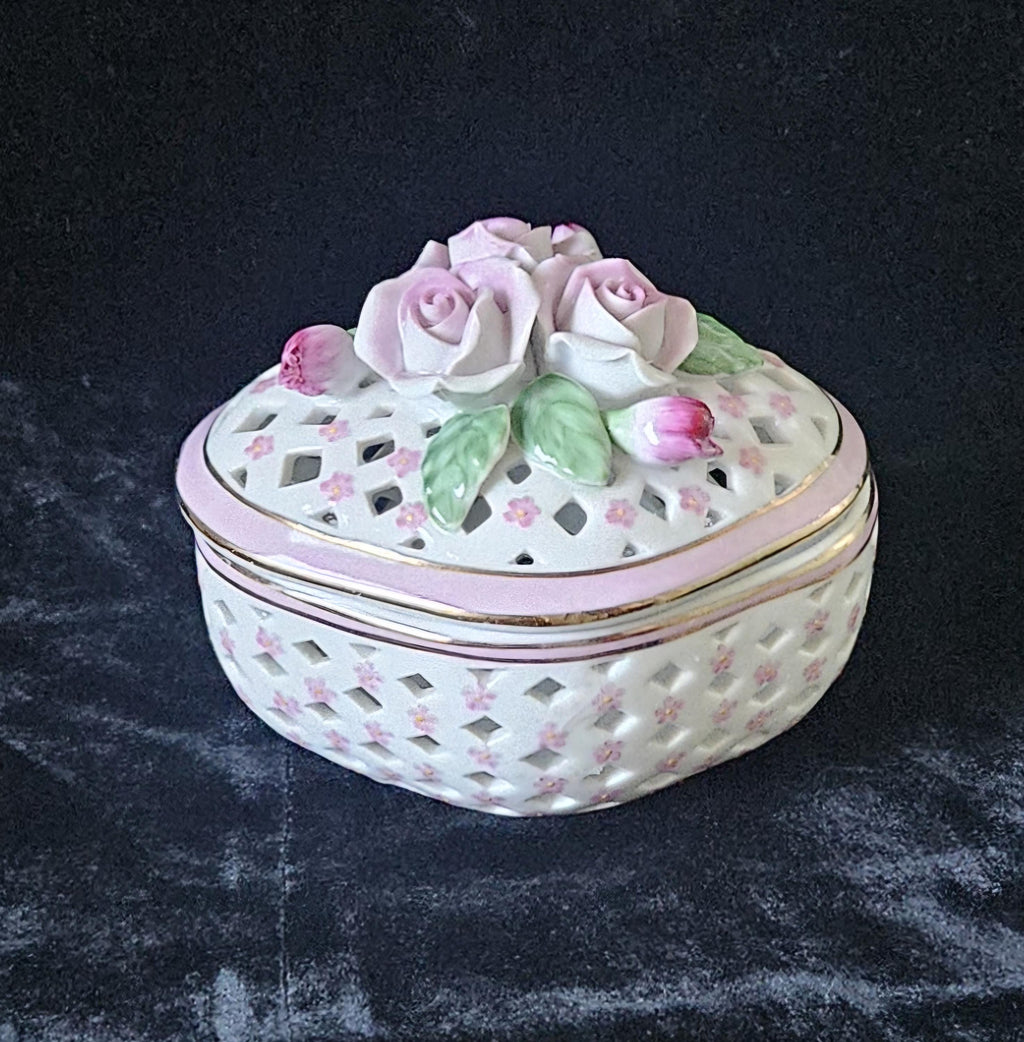 Vintage Pretty Porcelain Trinket Pot Lattice With Applied Roses Past Times England