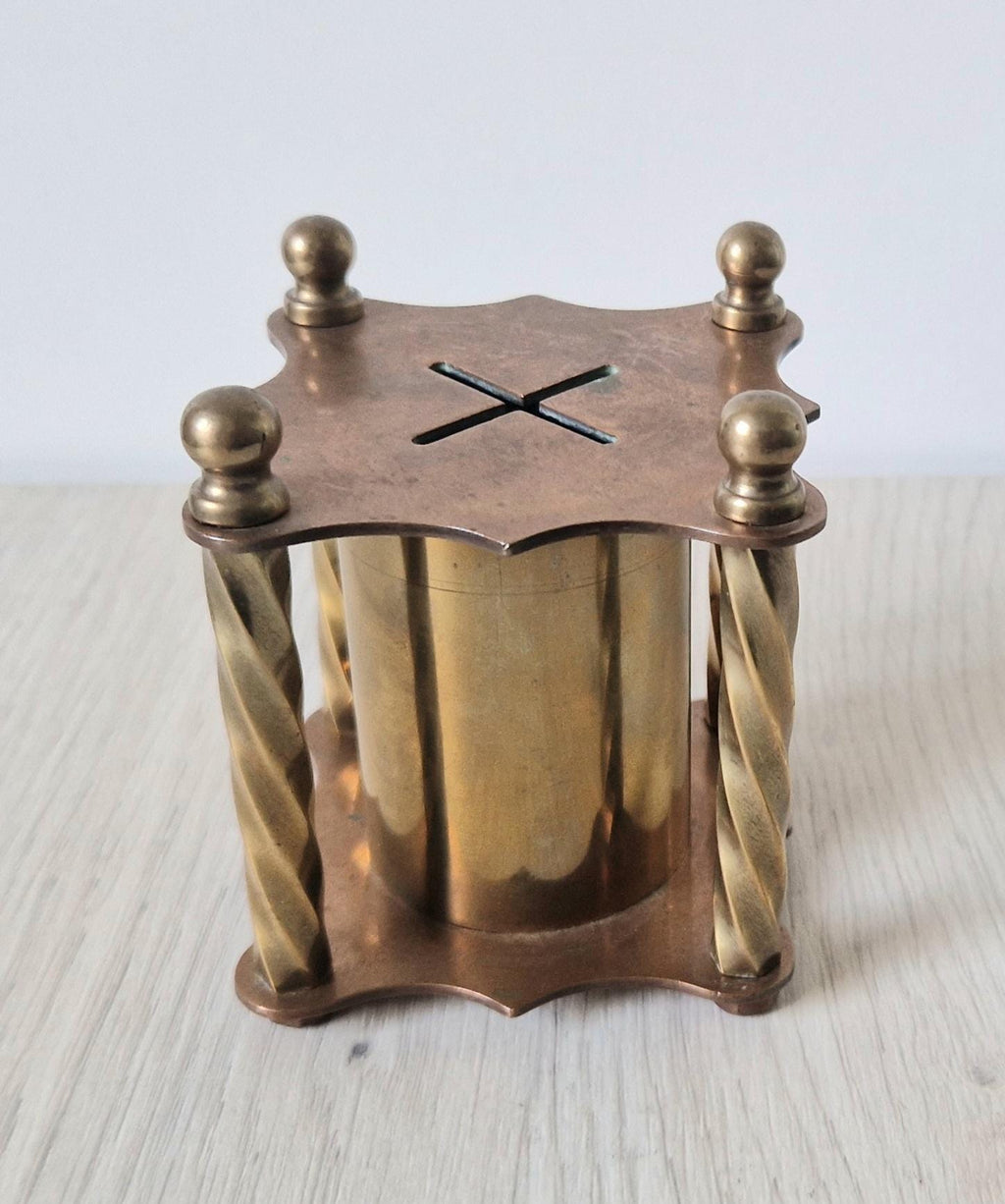 Rare Arts & Crafts Copper And Brass Folk Art Twisted Pillar Desk Money Box