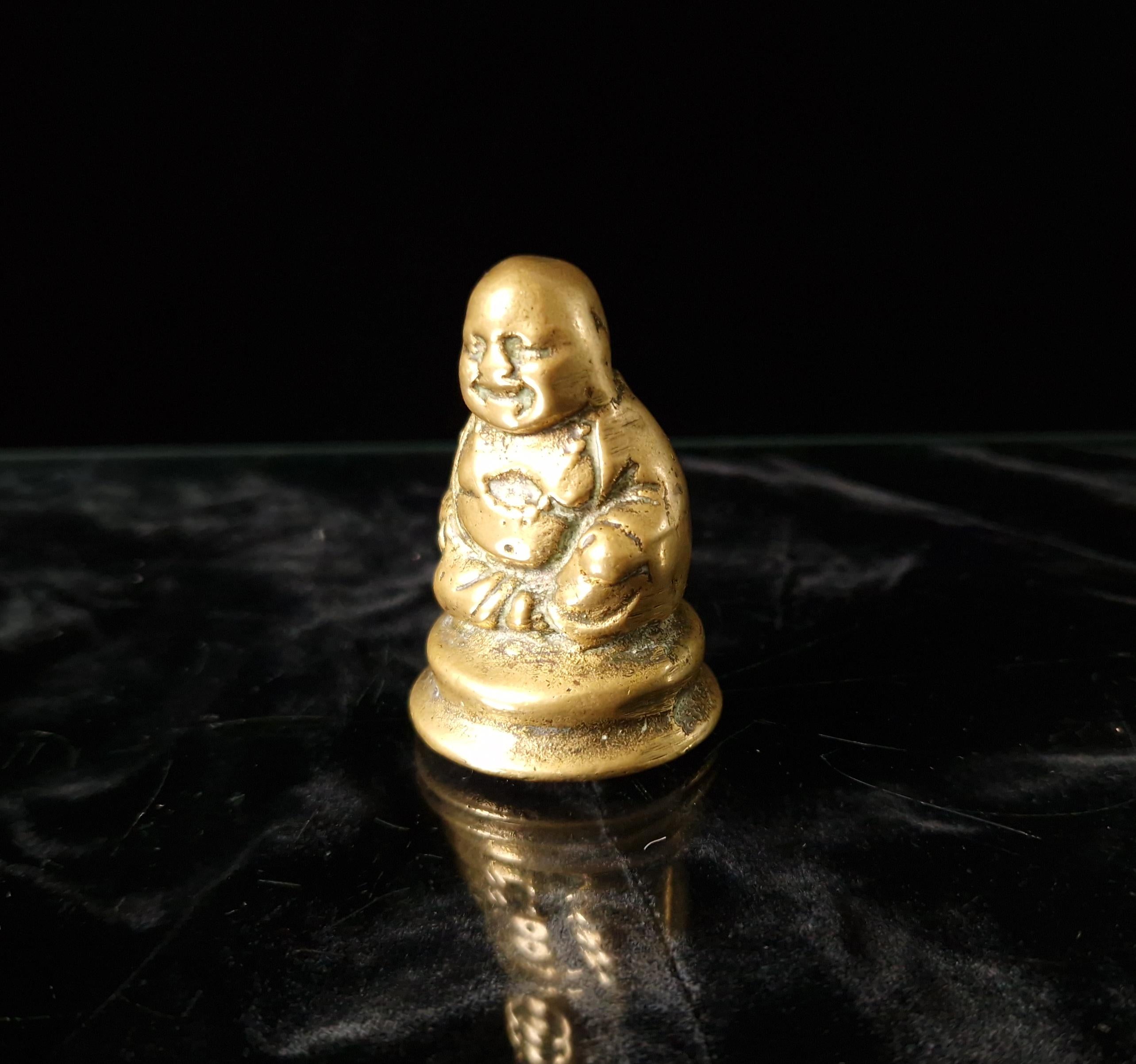 Antique Cast Bronze Miniature Laughing Buddha Budai Figure Ornament