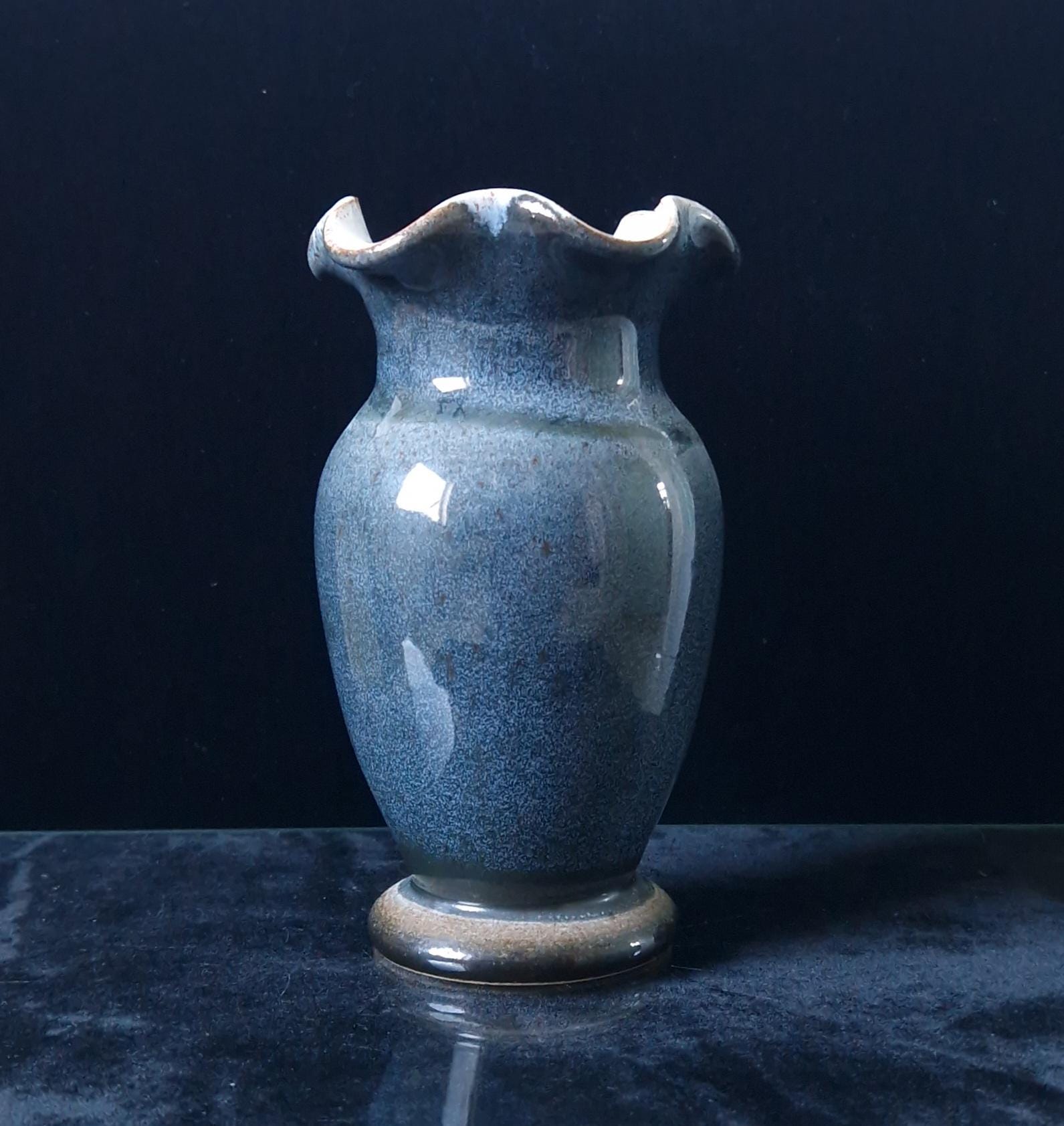 Vintage Blue Grey Glaze Frilled Rim Studio Art Pottery Vase 14.5cm