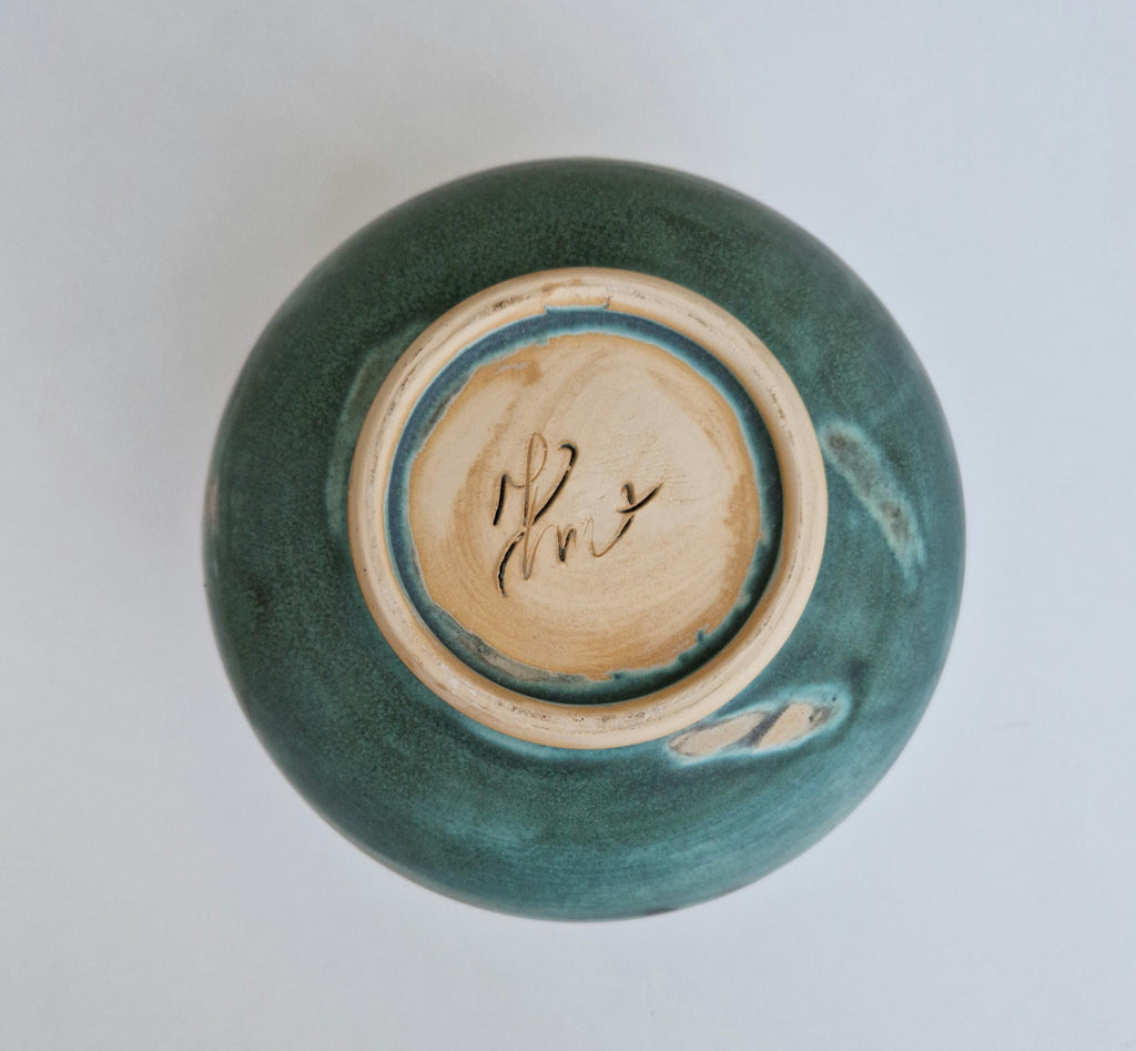 Large Vintage Raku Studio Art Pottery Aqua Glaze Globe Vase Signed