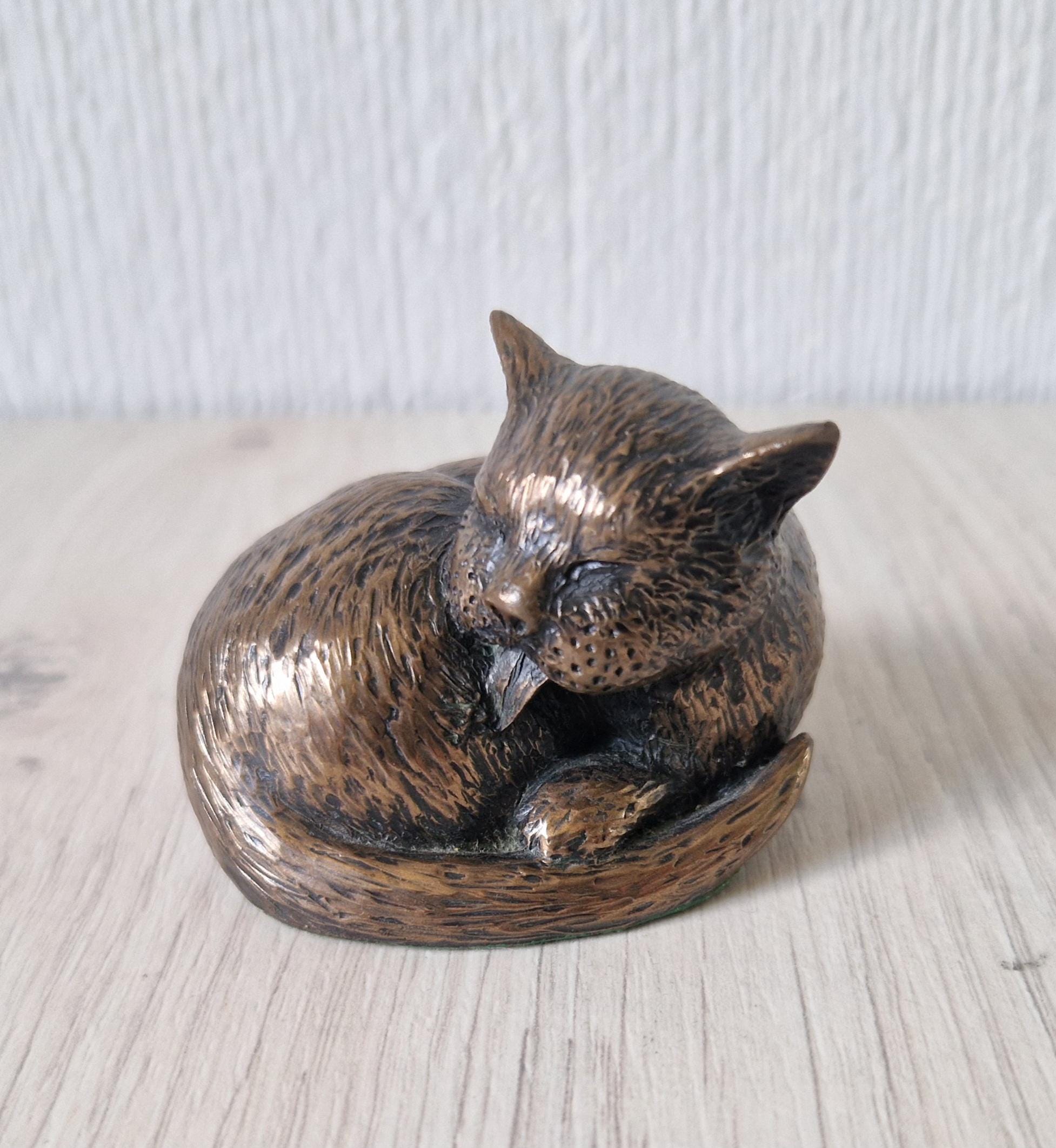 Vintage Cold Cast Bronze Resin Curled Licking Cat Figure Ornament