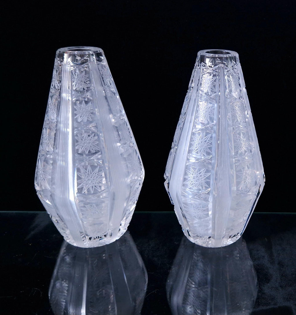 Antique Bohemian Crystal Vases: Queen Anne Lace Cut, Pair