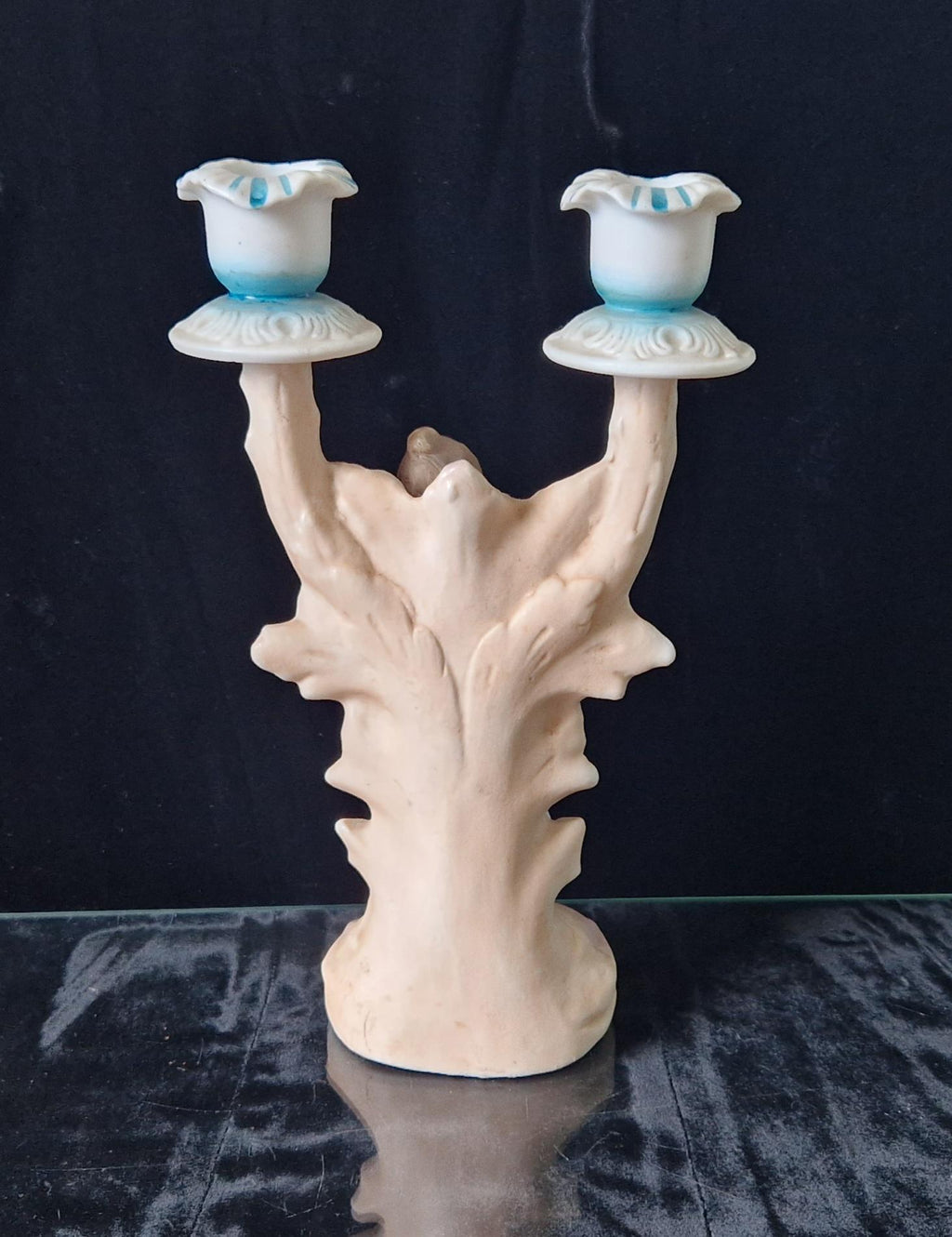 19th Century Continental Bisque Handpainted Fan Girl Figural 2 Candle Candelabra