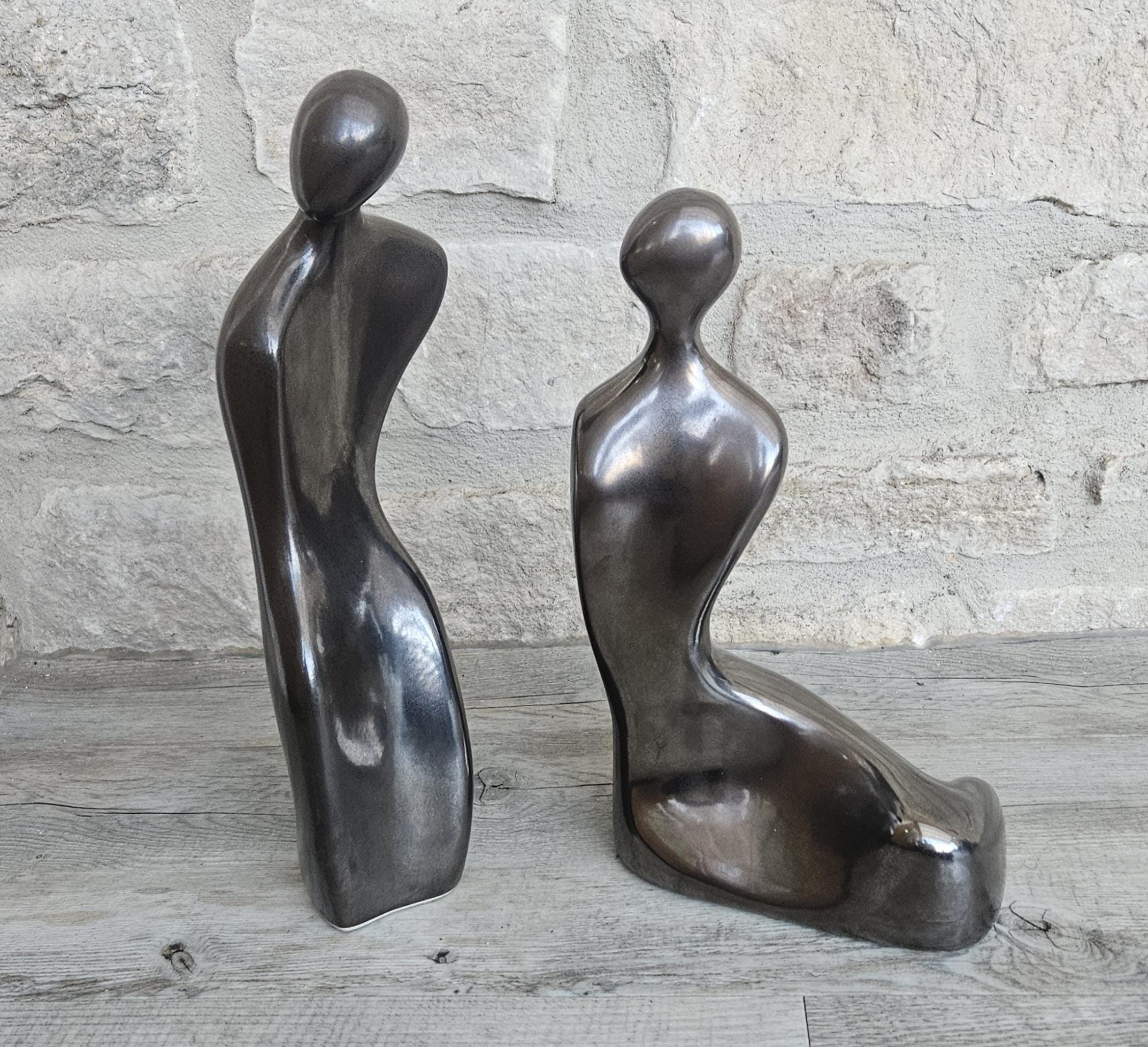 Vintage Tall Large Abstract Couple Figures Ceramic Metallic Finish 32 and 28cm Tall