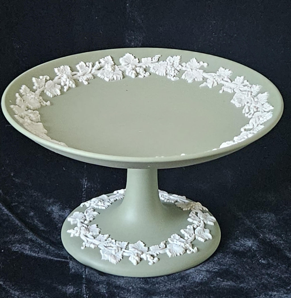 Vintage Wedgwood Sage Green Jasperware Pedestal Compote - Made in England