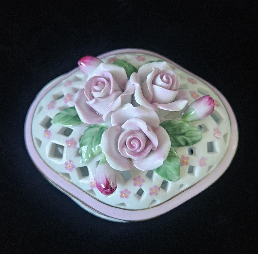 Vintage Pretty Porcelain Trinket Pot Lattice With Applied Roses Past Times England