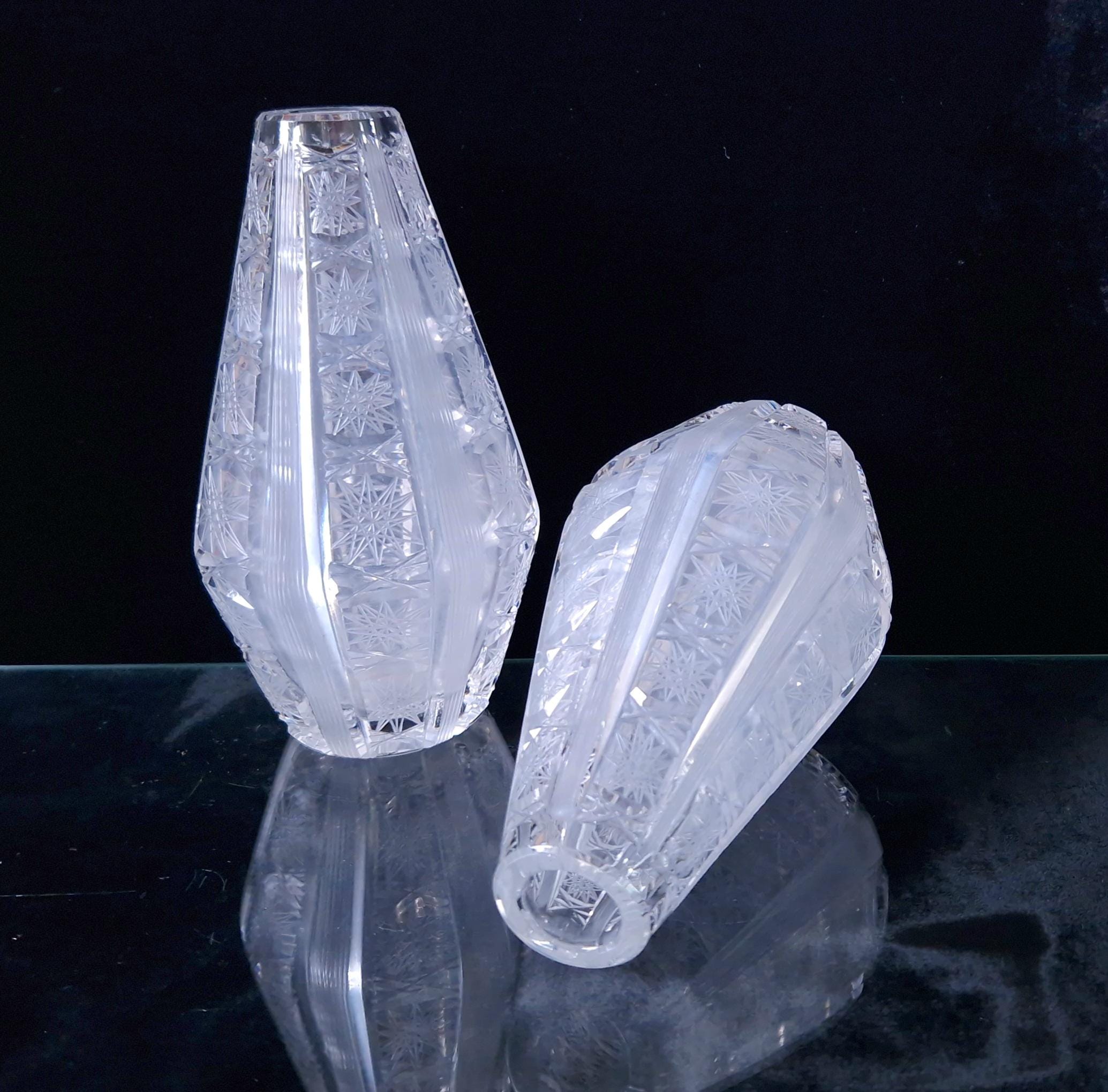 Antique Bohemian Crystal Vases: Queen Anne Lace Cut, Pair