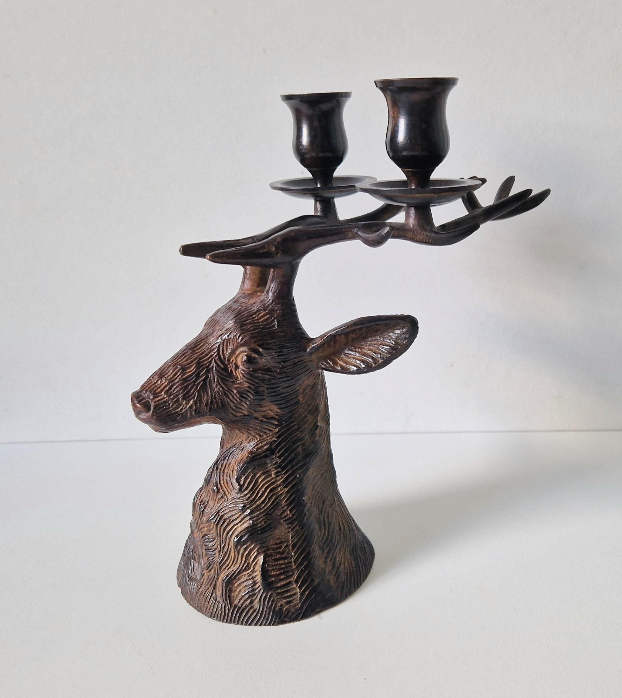 Vintage Patinated Bronze Stag Head Double Candle Holder