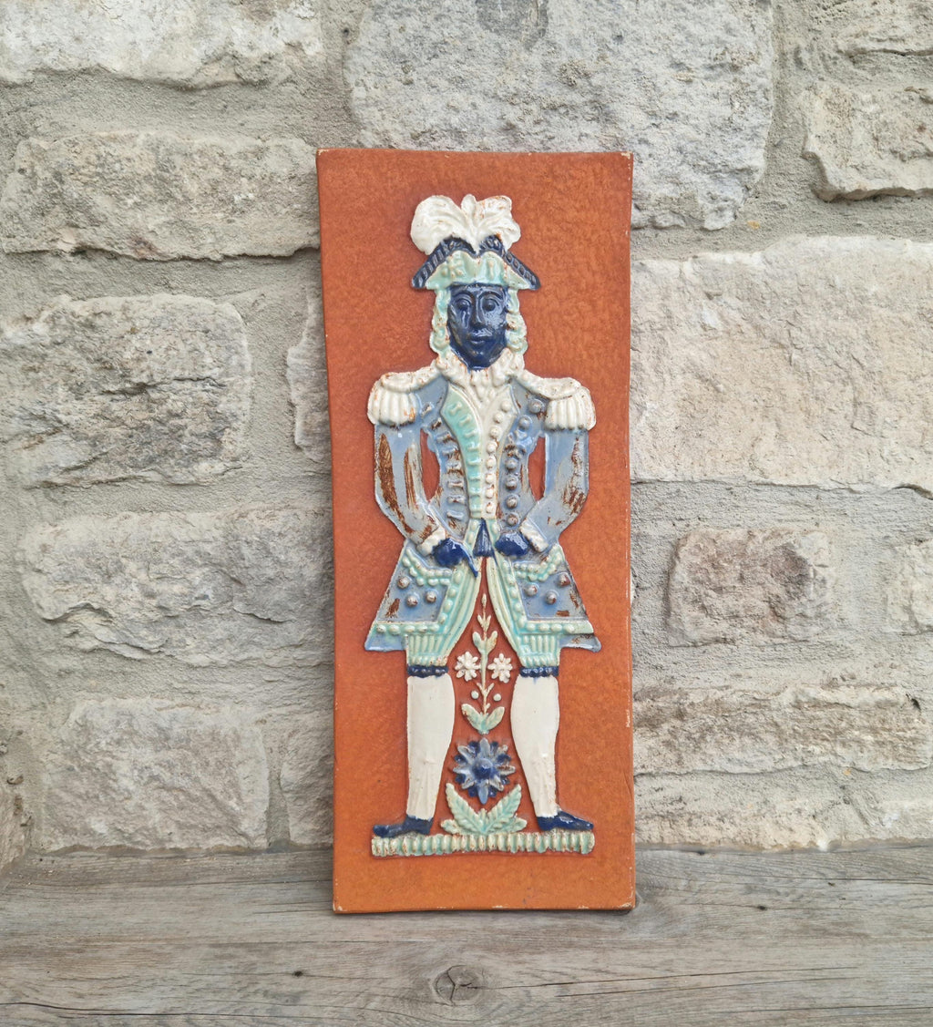 Mid-Century Art Wall Tile  Continental Figural Glazed Ceramic Large Plaque Vintage