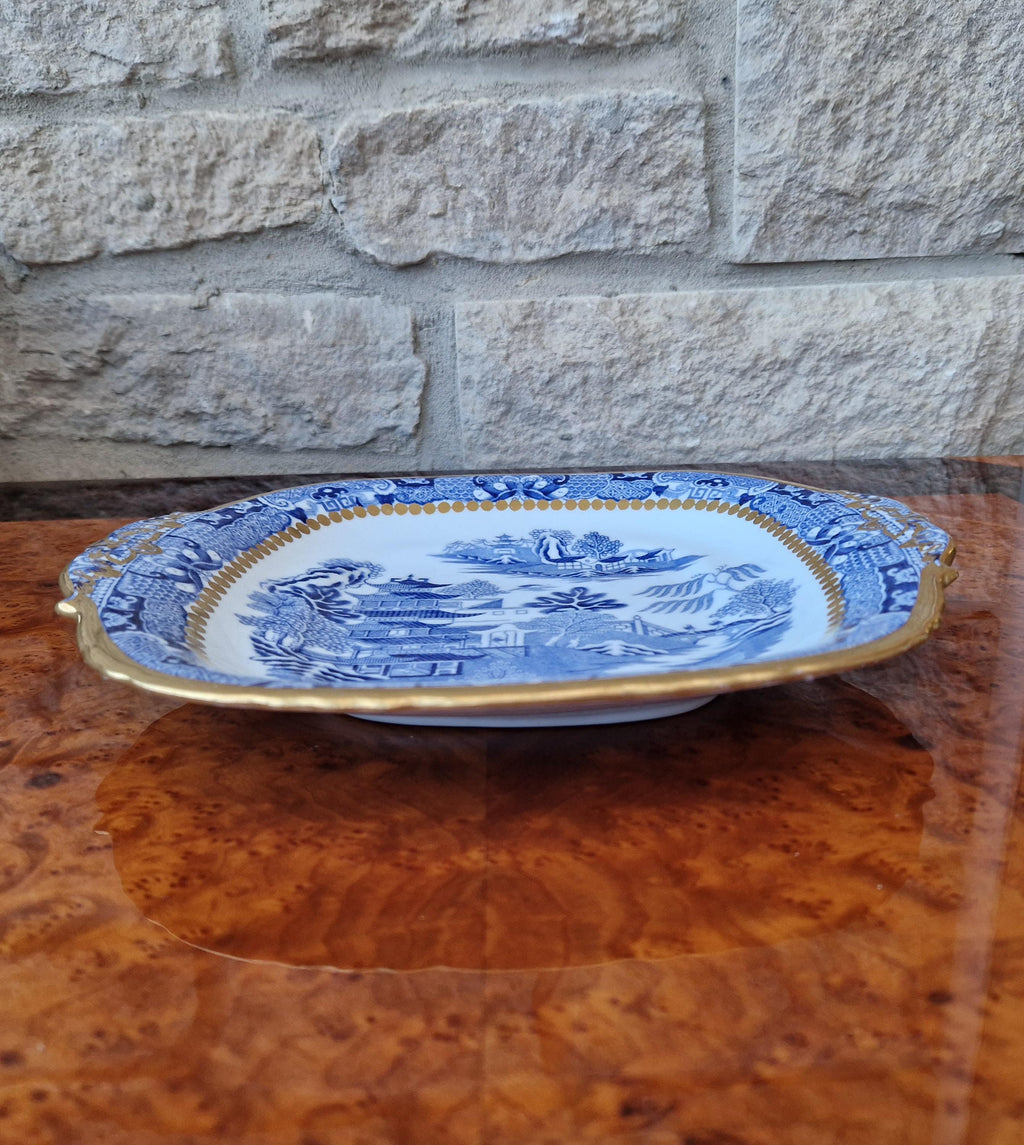 Davenport Longport England Blue & White Gilt Two Temples Porcelain Handle Platter c.1870-1886