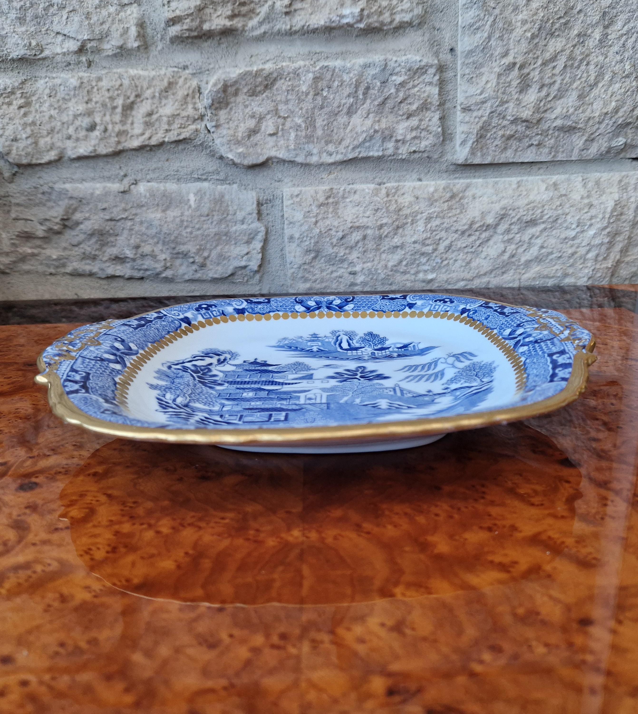 Davenport Longport England Blue & White Gilt Two Temples Porcelain Handle Platter c.1870-1886