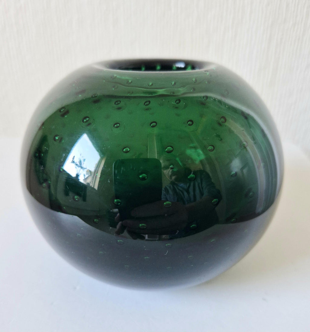 WMF Designed By Walter Drexel 'Perlora' Dark Green Orb Bubble Glass Vase 1960's