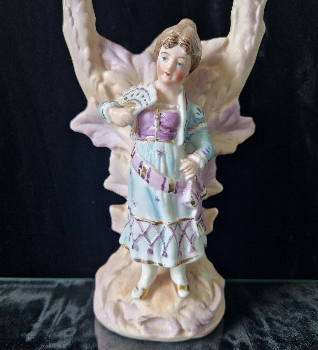 19th Century Continental Bisque Handpainted Fan Girl Figural 2 Candle Candelabra