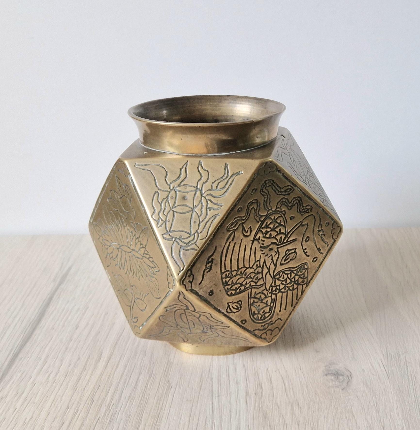 Antique Japanese Tetradecahedron Gilt Bronze Vase 14cm