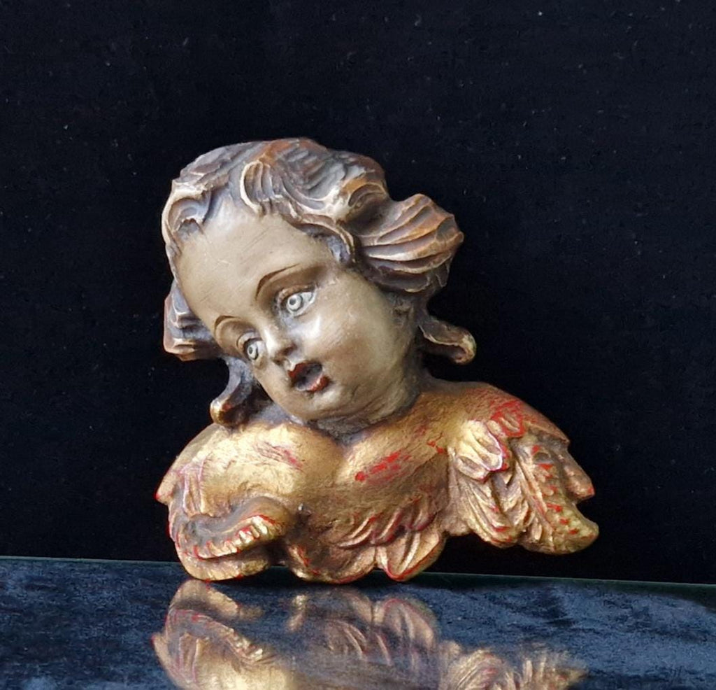 Antique Carved Polychrome Putti Cherub Bust Painted & Gilded Continental 19th C. Artwork