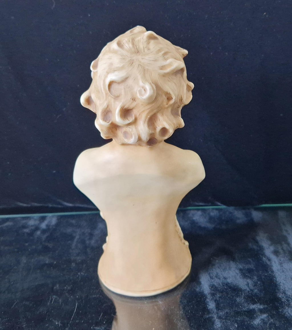 2 Antique Continental Patinated Bisque Porcelain Putti Child Bust Figures 7 inch