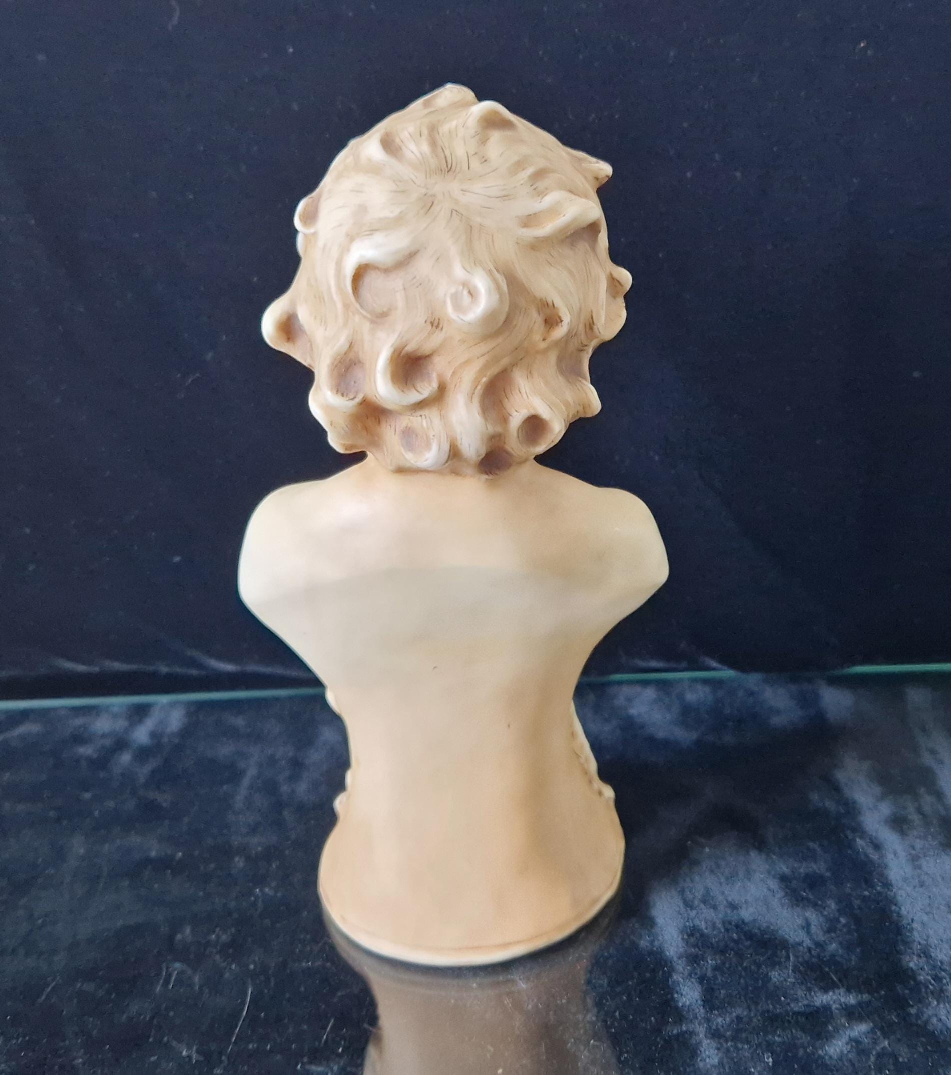 2 Antique Continental Patinated Bisque Porcelain Putti Child Bust Figures 7 inch