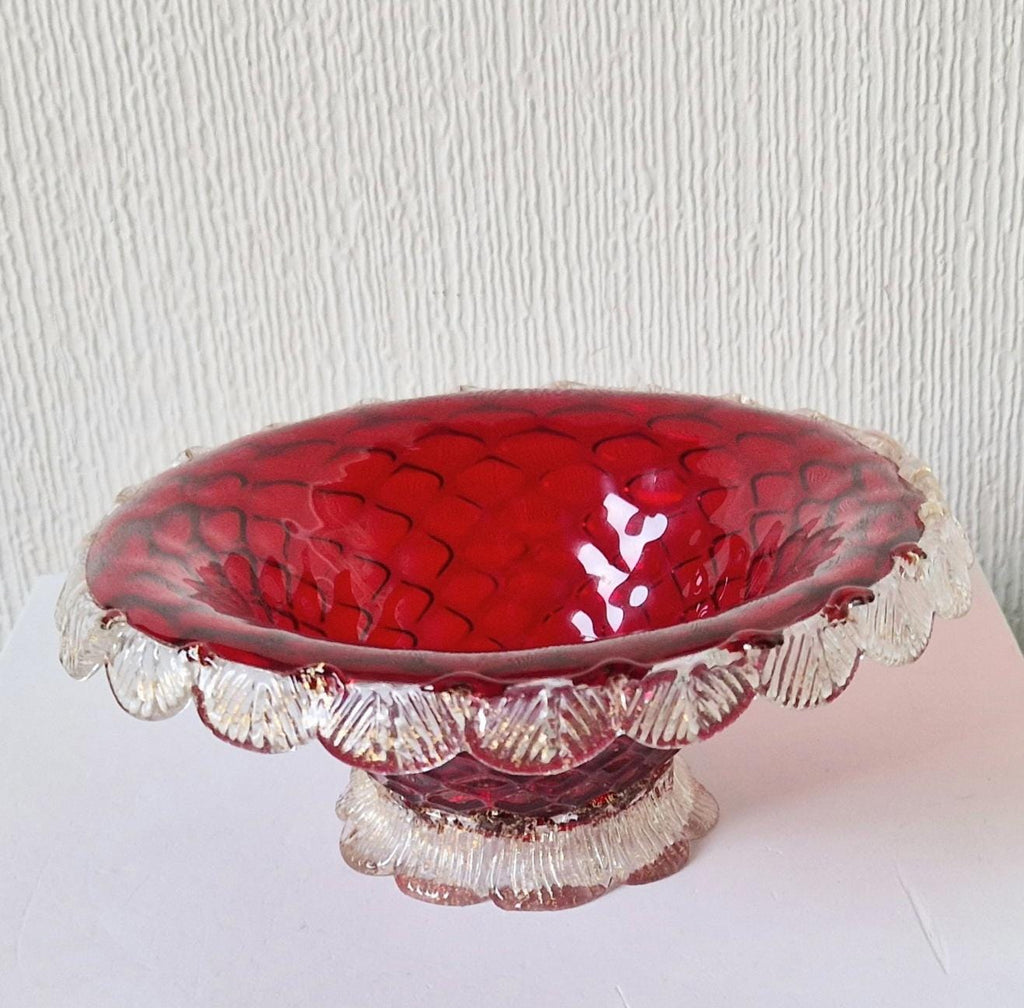 1960's Ruby Red & Gold Flecks Salviati Venetian Art Glass Pedestal Bowl