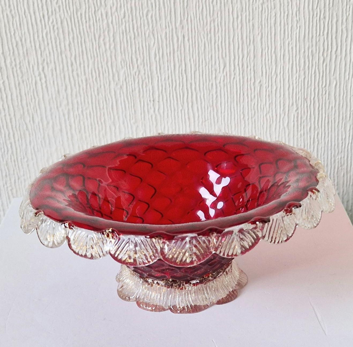 1960's Ruby Red & Gold Flecks Salviati Venetian Art Glass Pedestal Bowl