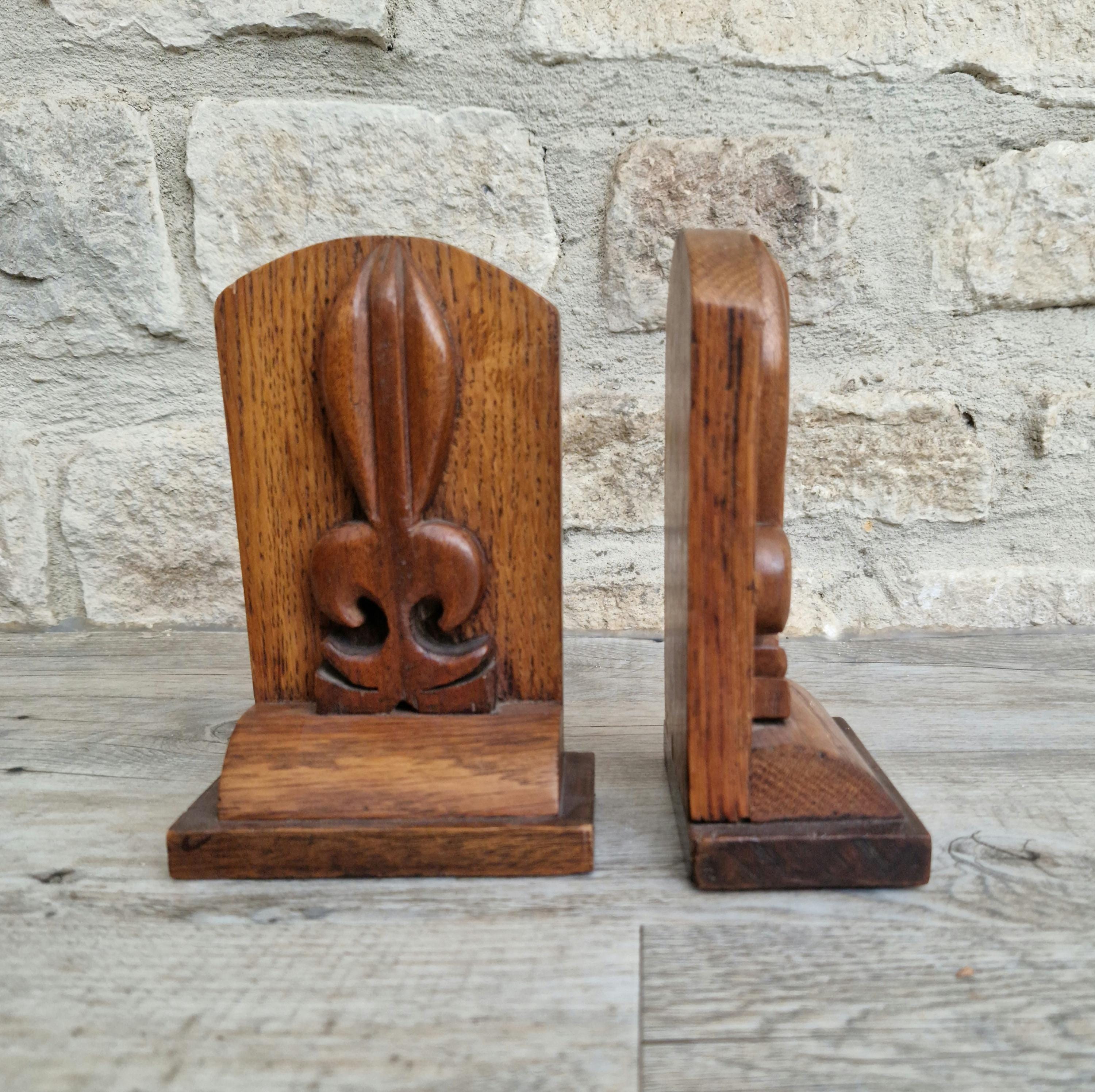 Hand-Carved Oak Arts & Crafts Fleur De Lis Book Ends