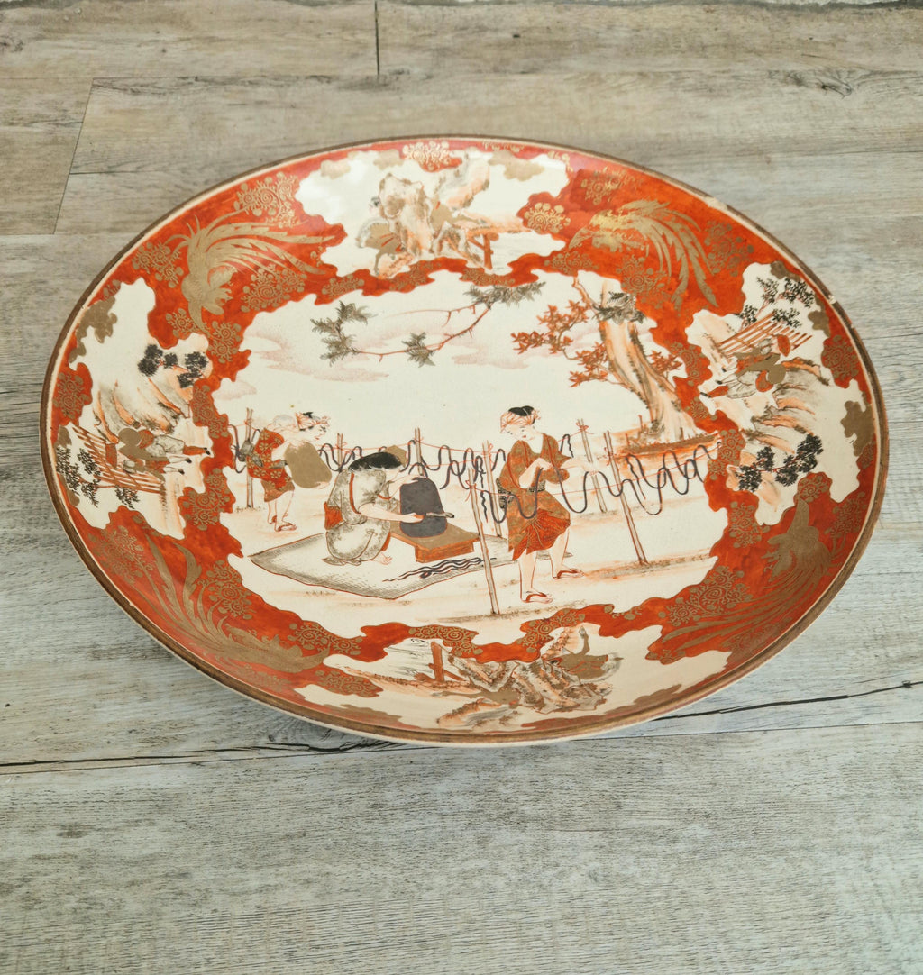 Antique Japanese Kutani Ware Meiji Period Porcelain Large Charger Iron Red Glaze With Gilt Accents 38cm