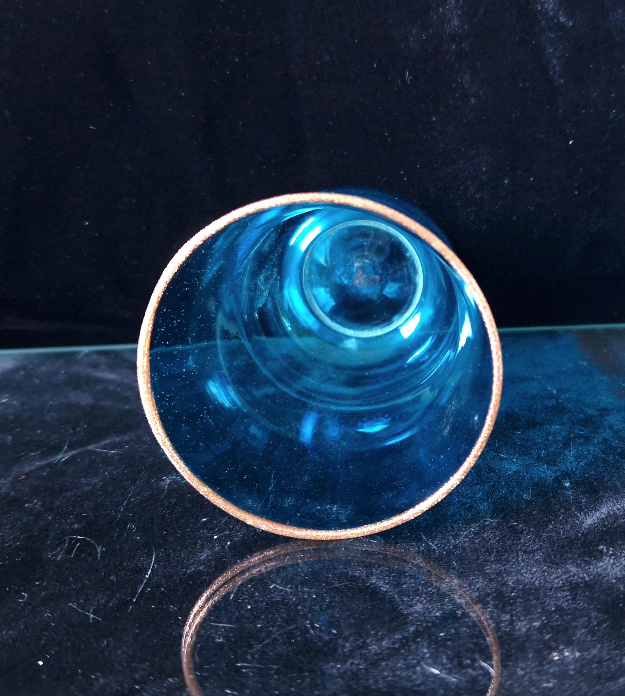 19th Century Hand Blown Peacock Blue Glass Beaker: Aventurine Rim