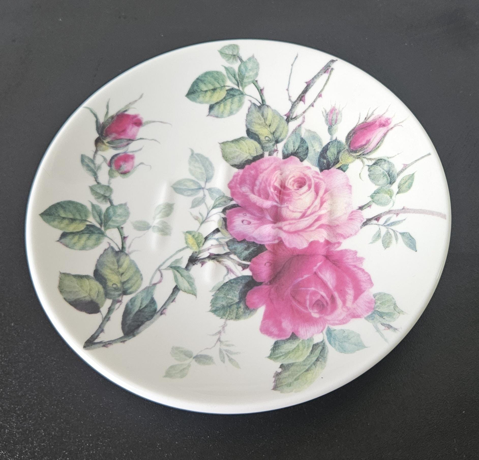 Vintage Round Large Soap Dish English Rose Fine Bone China England 1992 Roy Kirkham Approx 14cm Diameter