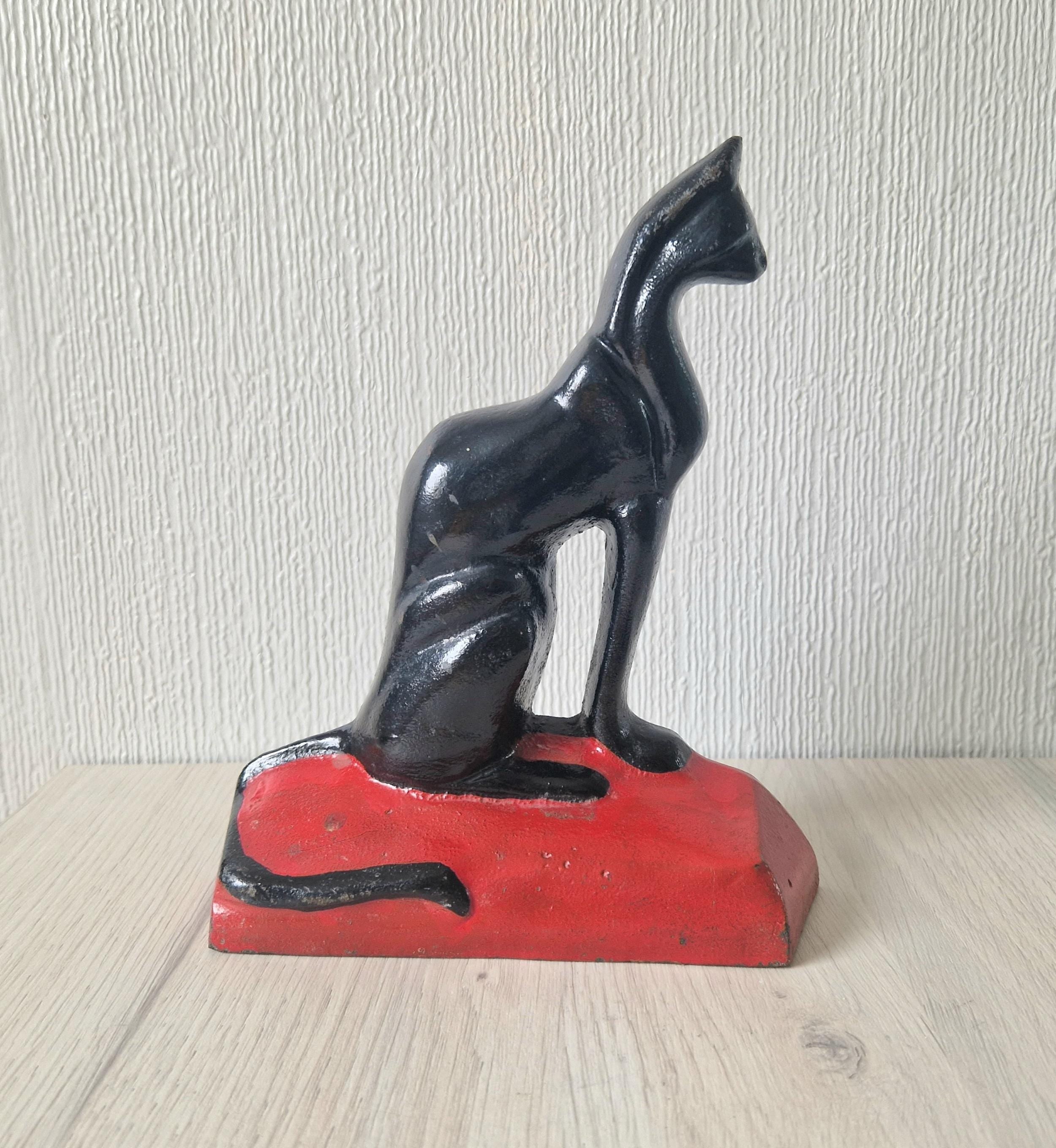 Antique Rare Cast Iron Art Deco Black Sitting Cat Doorstop