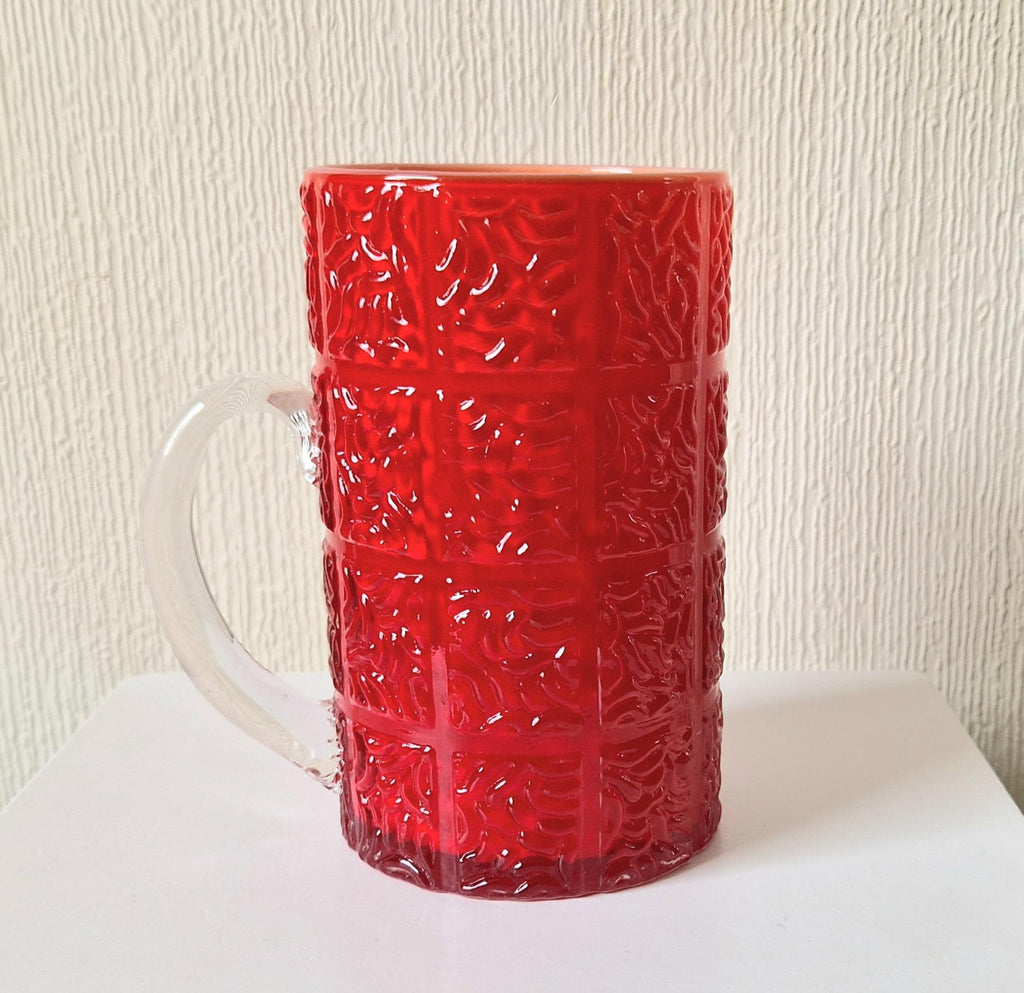 Large Bright Red Textured Cased Glass Tankard Rare Mid-Century Vintage Heavy Glass