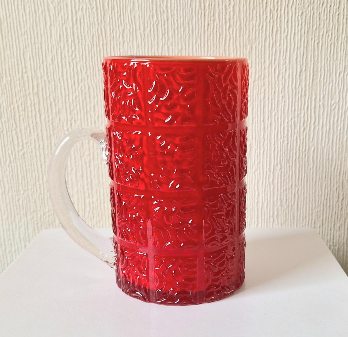 Large Bright Red Textured Cased Glass Tankard Rare Mid-Century Vintage Heavy Glass