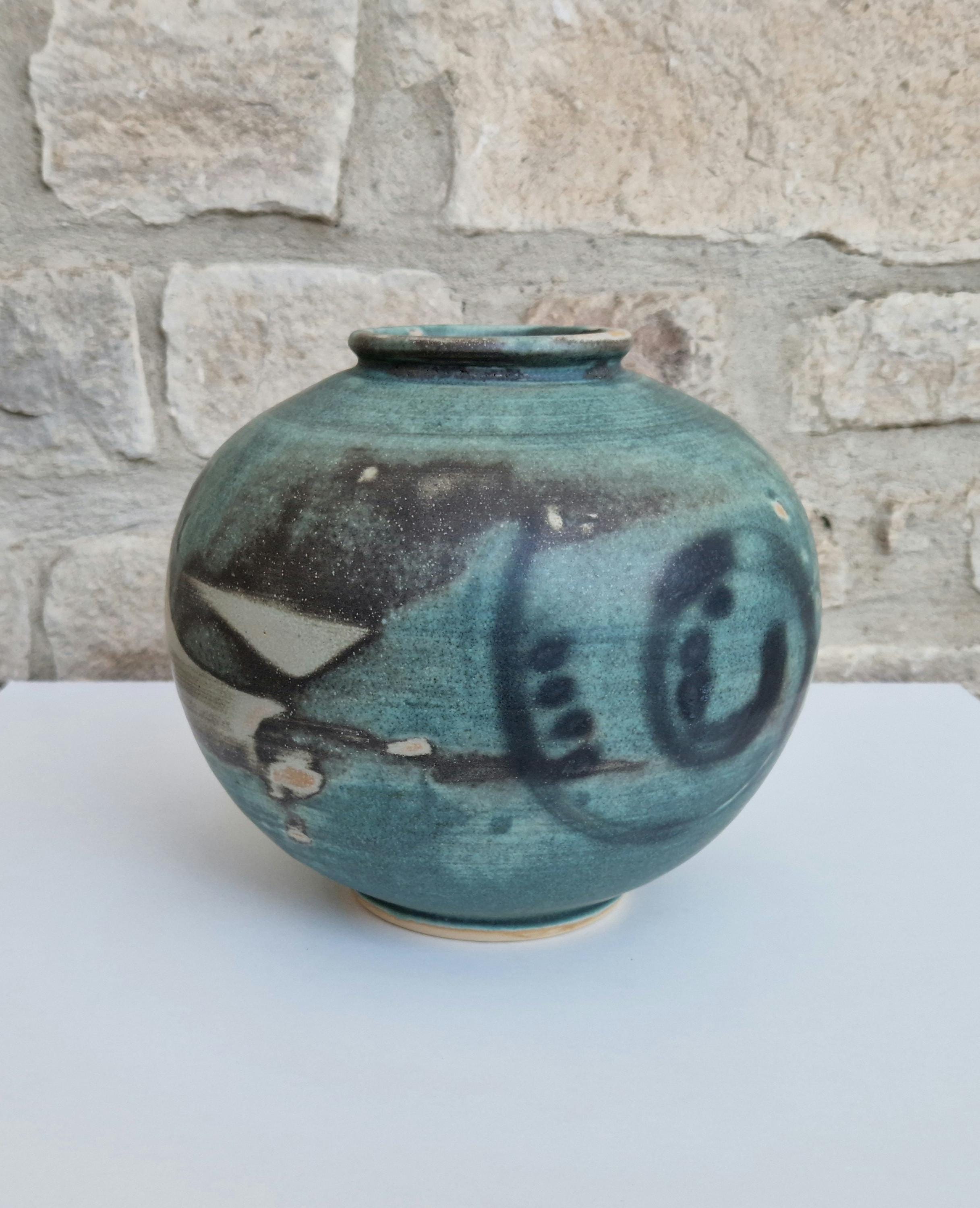 Large Vintage Raku Studio Art Pottery Aqua Glaze Globe Vase Signed