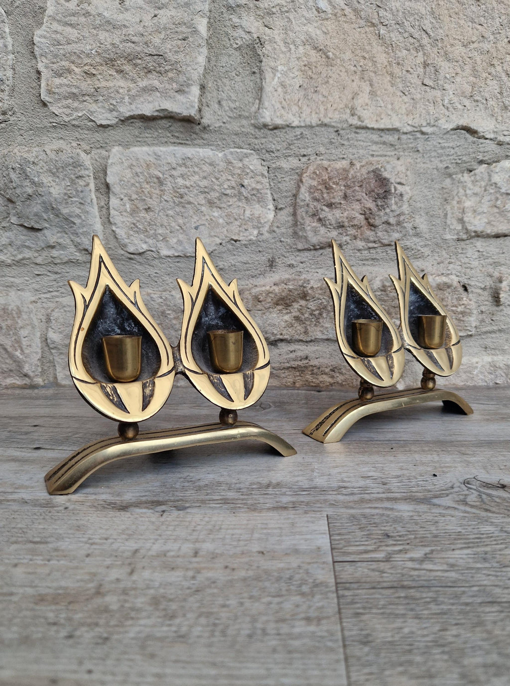 A Pair of Vintage Judaica Sabbath Double Flame Brass Candlestick Holders by Hen-Holon