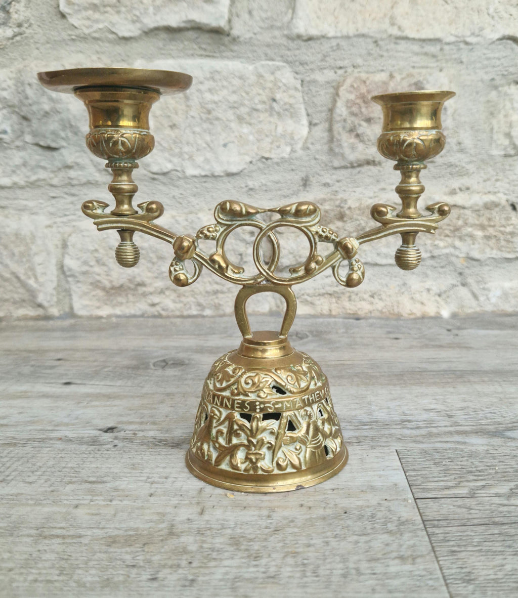 Brass Altar Bell Double Candle Holder With Pierced-Work Four Evangelists Names Antique