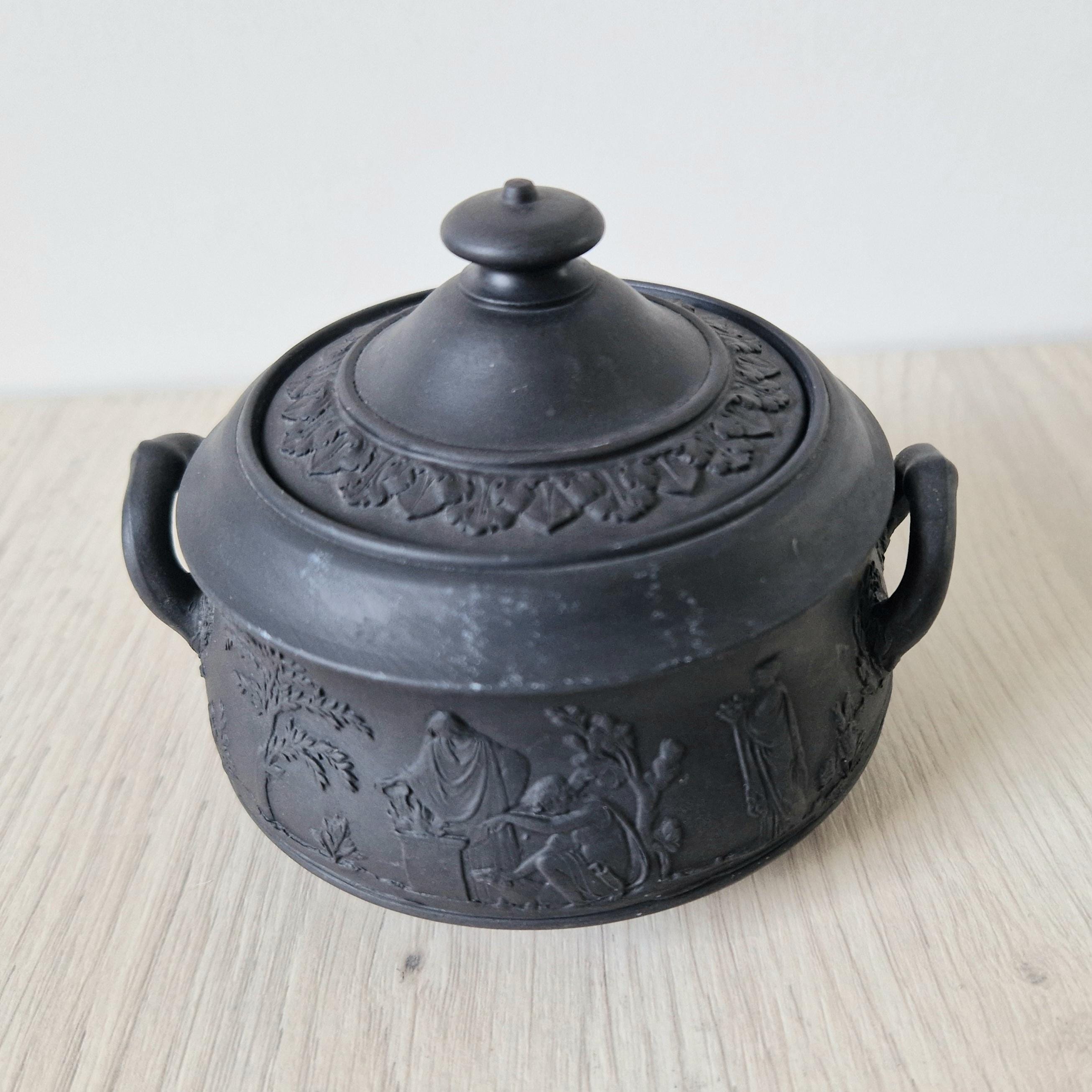 Vintage Black Basalt Wedgwood Neo-Classical Twin Handle Lidded Sugar Box