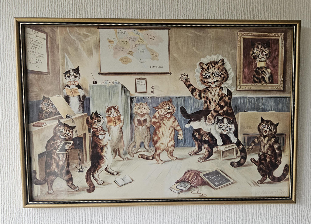 Original Vintage 1980s Lithograph Louis Wain "The Naughty Puss" Framed Picture 17" X 11.5"