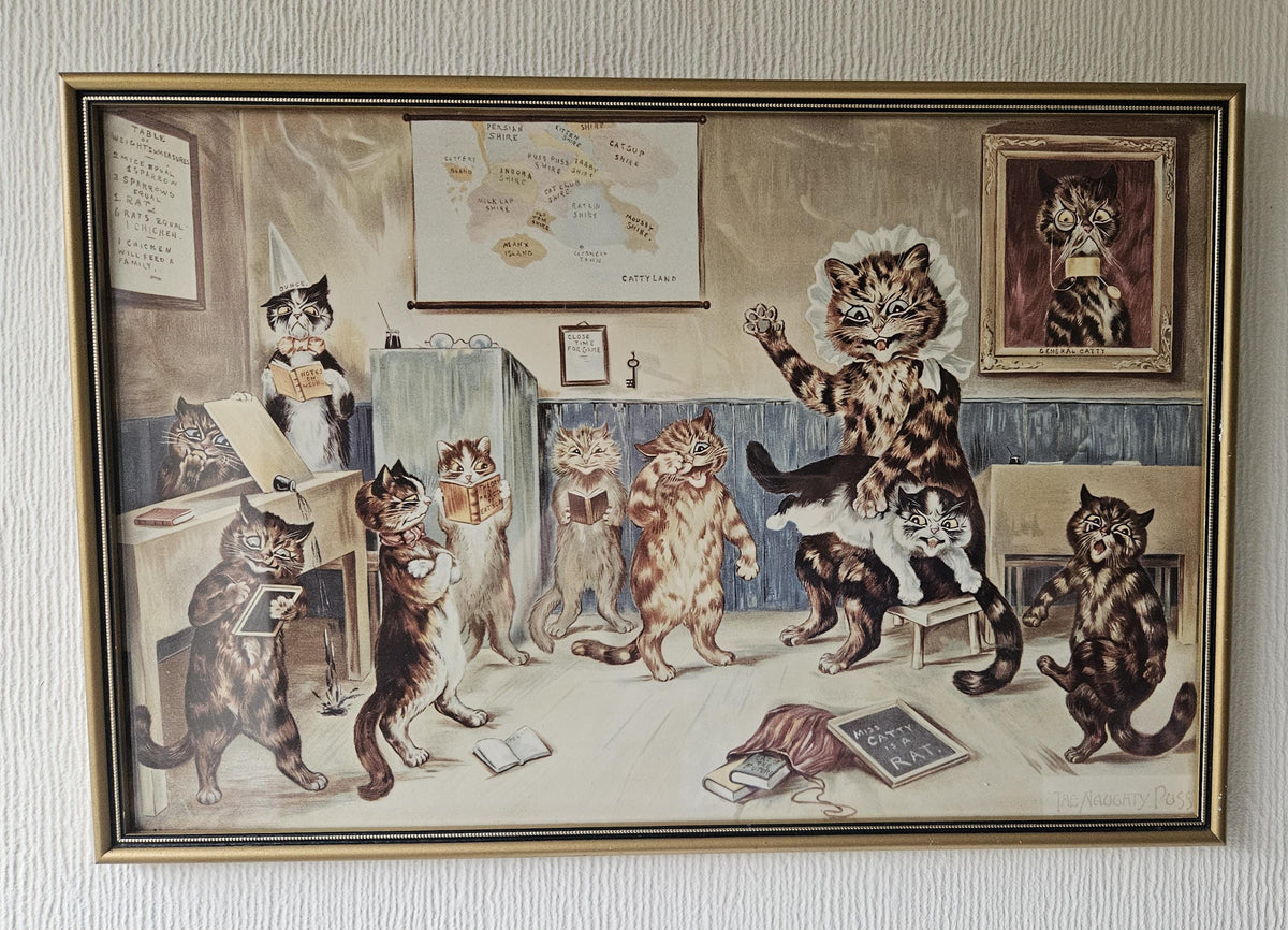 Original Vintage 1980s Lithograph Louis Wain "The Naughty Puss" Framed Picture 17" X 11.5"