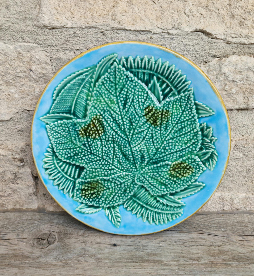 Art Nouveau Majolica Pottery Plate With Leaf & Fern Design Light Blue Ground Double "J" Mark 22cm
