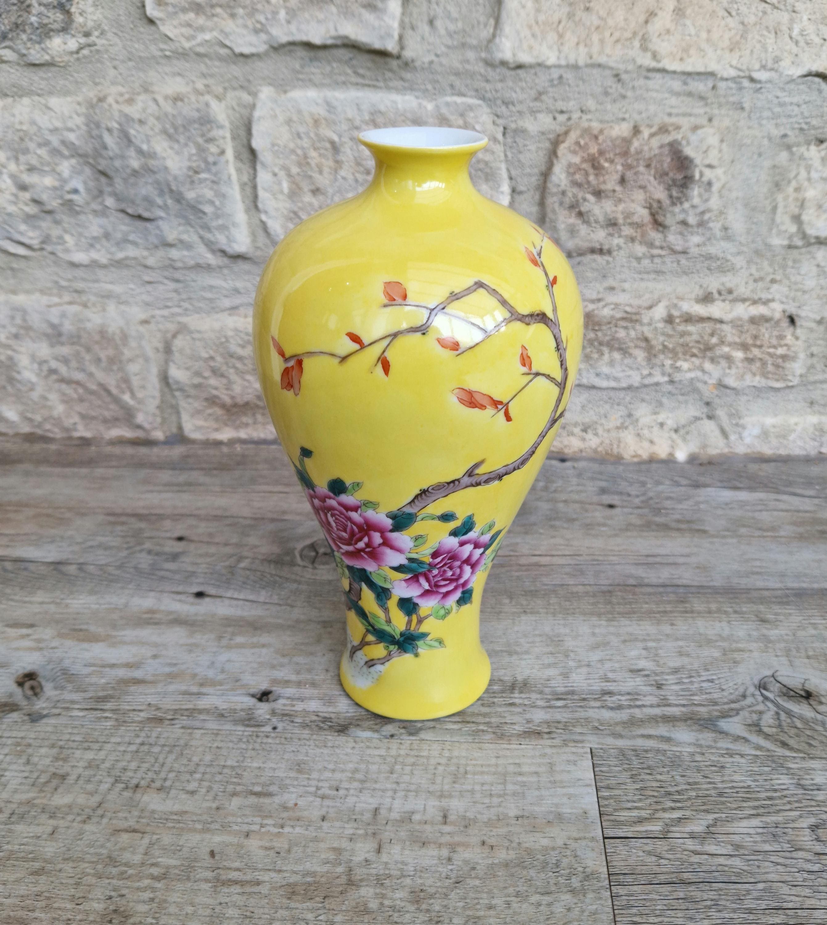 Vintage 20th C. Famille Rose Yellow Ground Meiping Porcelain Vase Hand Painted Peony Blooms