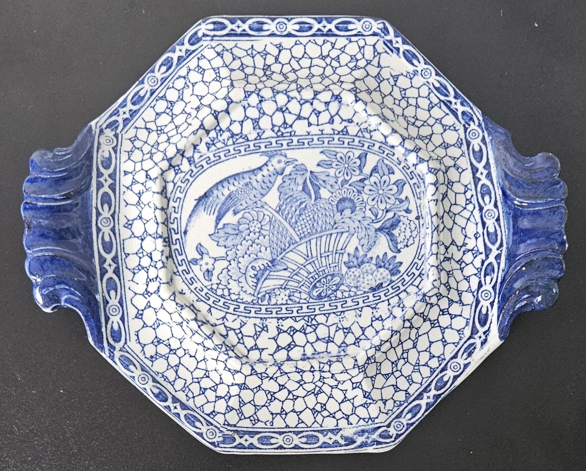 Vintage Blue White Decorative Trivet Stand Chinese Bird Pattern by William Adams Made in England 18cm X 21cm